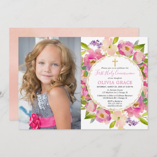Invitation Pastels floral rose vif Première communion photo (Devant / Derrière)