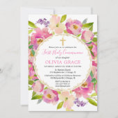 Invitation Pastels floral rose vif Première sainte communion (Devant)