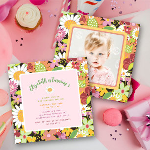 Invitation Pastels Printemps Fleurs Photo Fille d'anniversair