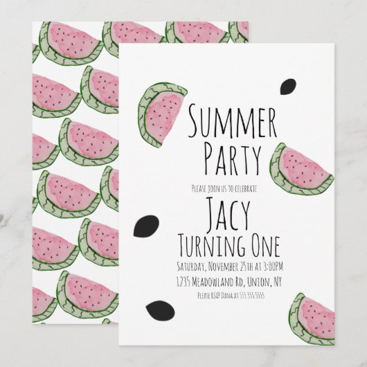 Invitation Pastèque Anniversaire Aquarelle Été Graines (Devant / Derrière)