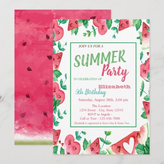 Invitation Pastèque, Anniversaire Fête d'été (Devant / Derrière)