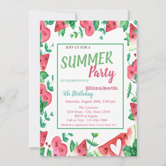 Invitation Pastèque, fête d'été Anniversaire (Devant)