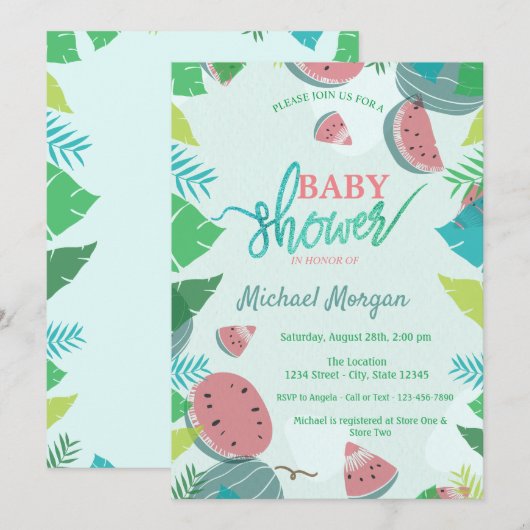 Invitation Pastèque mignonne, feuilles tropicales Baby Showe (Devant / Derrière)