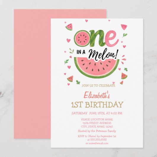 Invitation Pastèque One In A Melon 1er Anniversaire (Devant / Derrière)