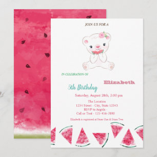 Invitation Pastèque, ours en peluche mignon fête d'été annive