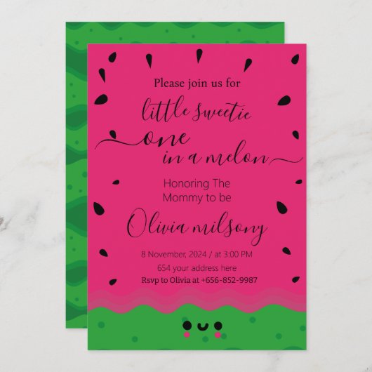 Invitation pastèque petite douceur aquarelle une pastèque (Devant / Derrière)