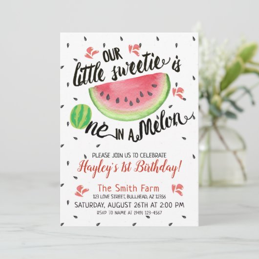 Invitation Pastèque UN dans une aquarelle de pastèque à carre (Debout devant)