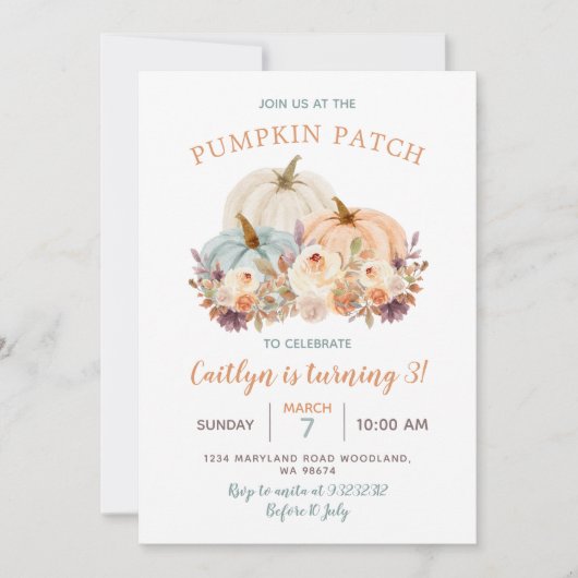 Invitation Patch Citrouille Peach & Blue Mint 3rd Birthday (Devant)