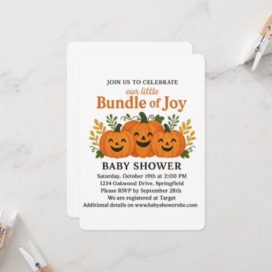 Invitation Patch de Citrouille d'automne de Glittery Fun (Devant/Arrière en situation)