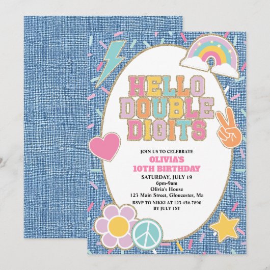 Invitation Patch Denim Hello Double Digits 10e Anniversaire (Devant / Derrière)