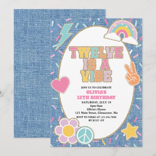 Invitation Patch Denim Twelve is a Vibe 12th Birthday (Devant / Derrière)