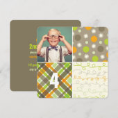 Invitation Patchwork Brown Motif Carrés Boy Photo Anniversair (Devant / Derrière)