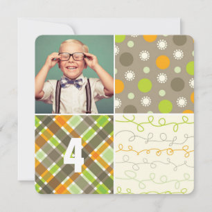 Invitation Patchwork Brown Motif Carrés Boy Photo Anniversair