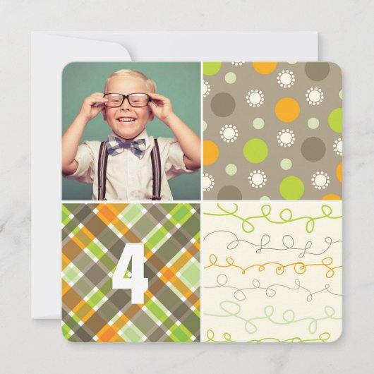Invitation Patchwork Brown Motif Carrés Boy Photo Anniversair (Devant)