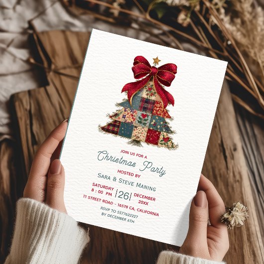 Invitation Patchwork Chic Rouge avec Nœud pour Fête de Noël