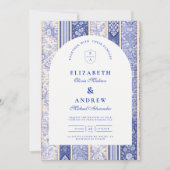 Invitation Patchwork de mariage en carreaux de Delft bleus (Devant)