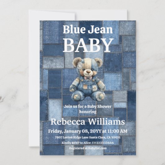 Invitation Patchwork Denim Bear Boy Blue Jean Baby Shower (Devant)