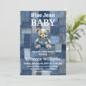 Invitation Patchwork Denim Bear Boy Blue Jean Baby Shower (Debout devant)