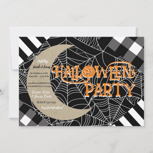 Invitation Patchwork Halloween Party Toile d'araignée noir et (Devant)