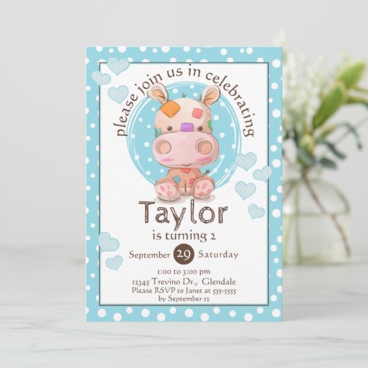 Invitation Patchwork Hippo Enfant's Blue Anniversaire (Debout devant)
