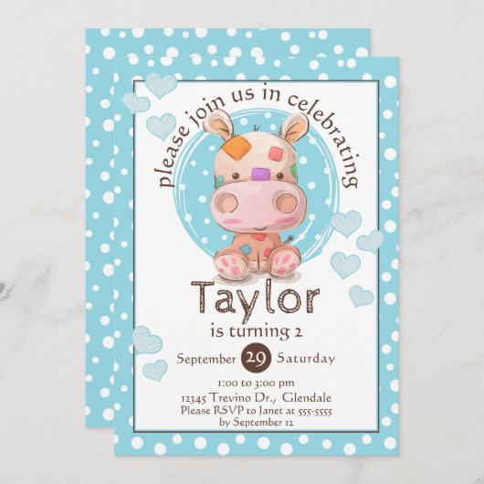 Invitation Patchwork Hippo Enfant's Blue Anniversaire (Devant / Derrière)