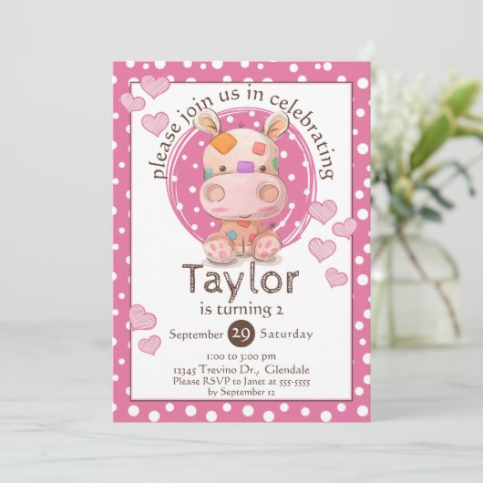Invitation Patchwork Hippo enfant's rose anniversaire (Debout devant)