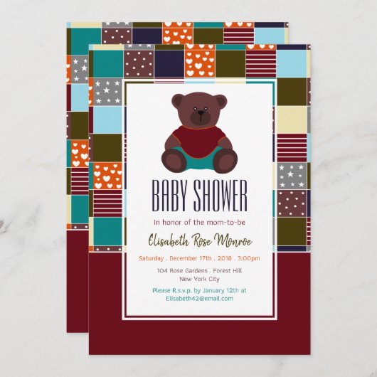 Invitation Patchwork Teddy Bear, Baby shower (Devant / Derrière)