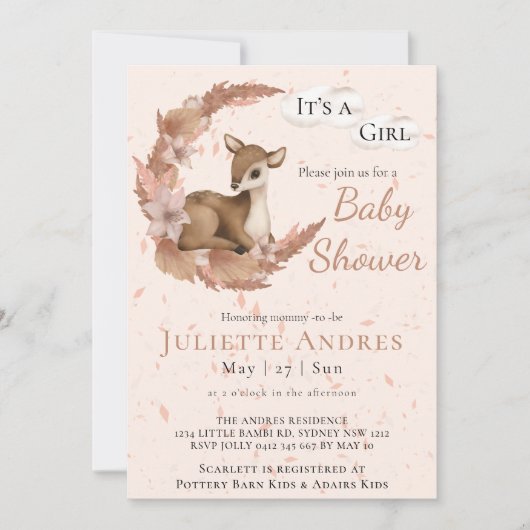 Invitation Pâte douce Pastel Bambi Fleurs Nuages Baby shower  (Devant)
