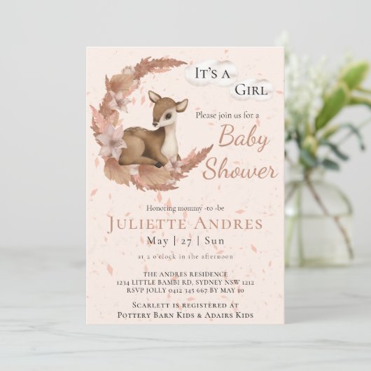 Invitation Pâte douce Pastel Bambi Fleurs Nuages Baby shower  (Debout devant)