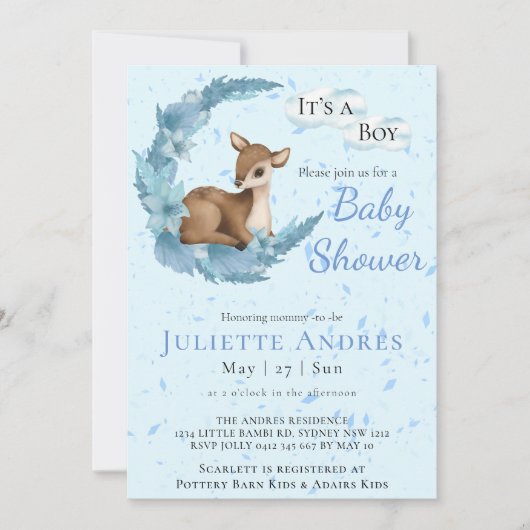 Invitation Pâte douce Pastel Bambi Fleurs Nuages Baby shower  (Devant)