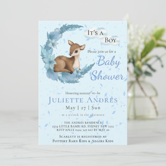 Invitation Pâte douce Pastel Bambi Fleurs Nuages Baby shower  (Debout devant)
