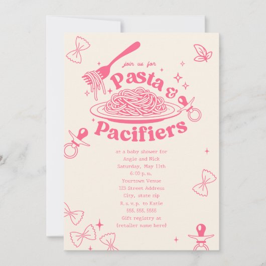 Invitation Pâtes Et Pacificateurs Baby shower Fille Doodle Ro (Devant)