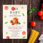 Invitation Pâtes Pacificateurs Oh Baby Baby shower tomate<br><div class="desc">Pizza & Pacifiers baby shower thème de fête de pâtes avec Illustration d'une tomate incorporée dans le design "oh bébé" avec des illustrations de pâtes,  tomates,  basilic,  et de pacifier tout autour.</div>