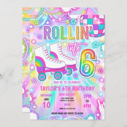 Invitation Patinage à rouleaux Neon Glow 6e fête d'anniversai (Devant / Derrière)