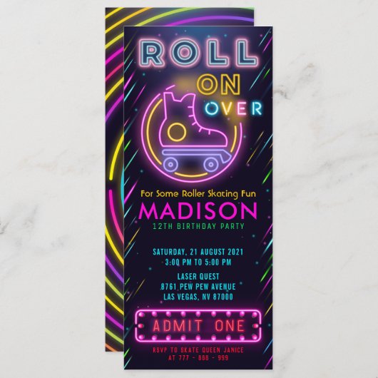Invitation Patinage à rouleaux Passe-billets Anniversaire (Devant / Derrière)