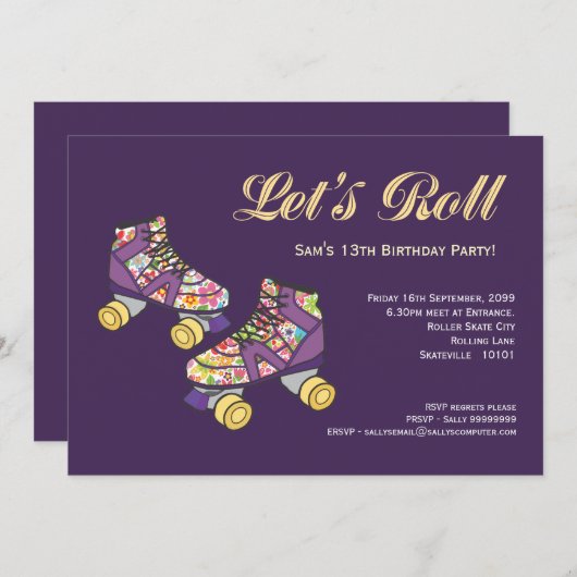 Invitation Patinage à rouleaux violet Patinage à rouleaux Pat (Devant / Derrière)