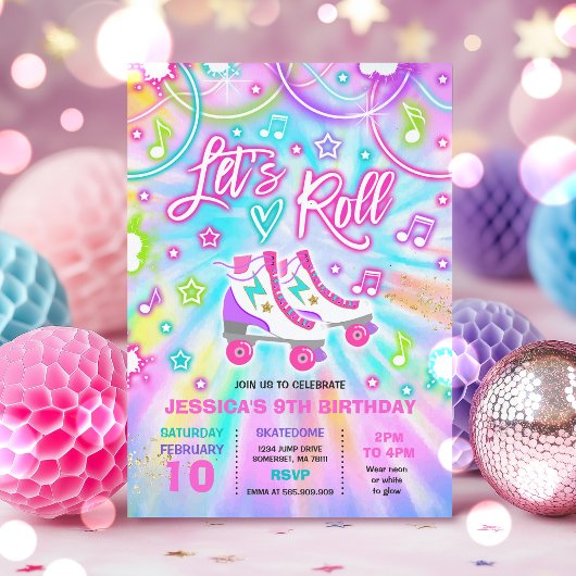 Invitation Patinage à roulettes Anniversaire Fête Tie Dye Pat