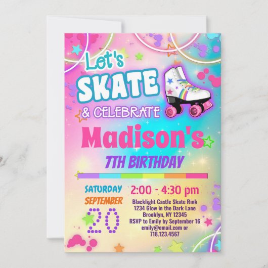 Invitation Patinage à roulettes arc-en-ciel pour filles (Devant)