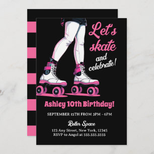 Invitation Patinage en Rollerblade rose et noir Anniversaire