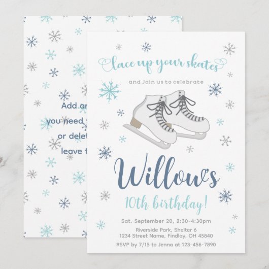 Invitation Patinage sur glace Anniversaire d'hiver, Bleu, N'i (Devant / Derrière)