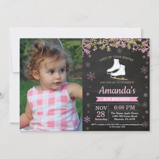 Invitation Patinage sur glace Anniversaire Fête Patinage rose (Devant)