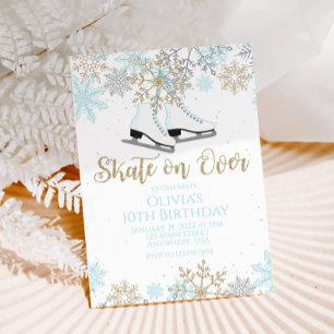 Invitation Patinage sur glace Bleu Or Paillettes Flocons de n