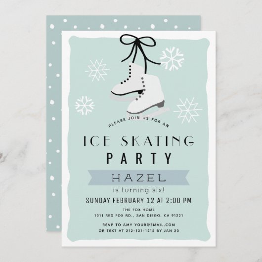 Invitation Patinage sur glace Hiver Bleu Rétro Anniversaire (Devant / Derrière)