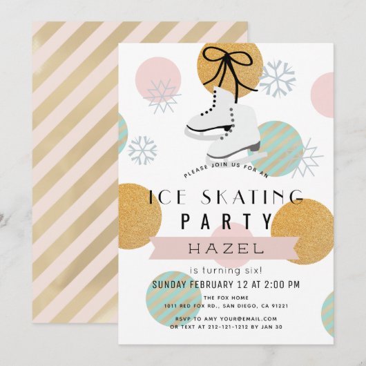 Invitation Patinage sur glace Hiver Rose Gold Girl Anniversai (Devant / Derrière)