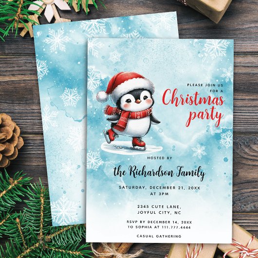 Invitation Patinage sur glace mignonne Pingouin Festive Bleu 