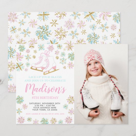 Invitation Patinage sur glace, Pays merveilleux d'hiver avec  (Devant / Derrière)