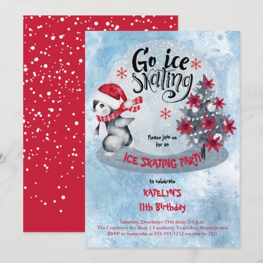Invitation Patinage sur glace Penguin vacances 11ème annivers (Devant / Derrière)