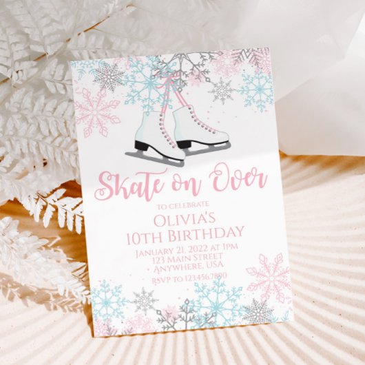 Invitation Patinage sur glace Pink bleu argent Snowflakes Ann