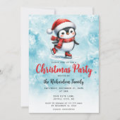 Invitation Patineur de glace Pingouin mignon Bleu Rouge Festi (Devant)