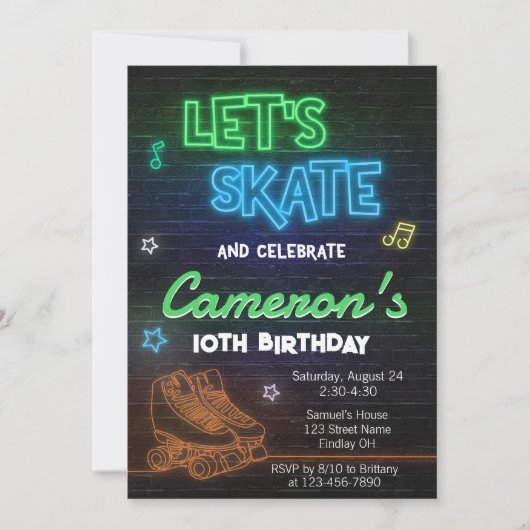 Invitation Patinoire à rouleaux Neon fête d'anniversaire (Devant)